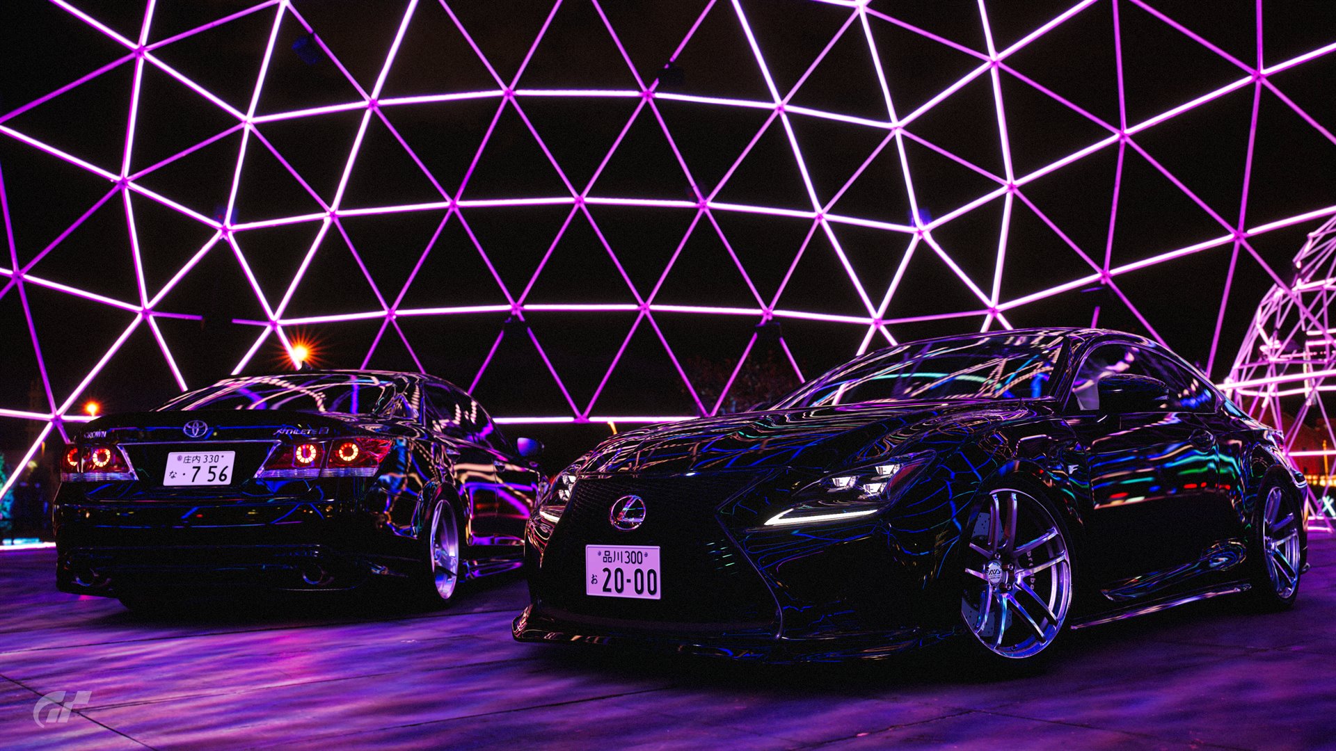 Black cars parked under purple neon lights